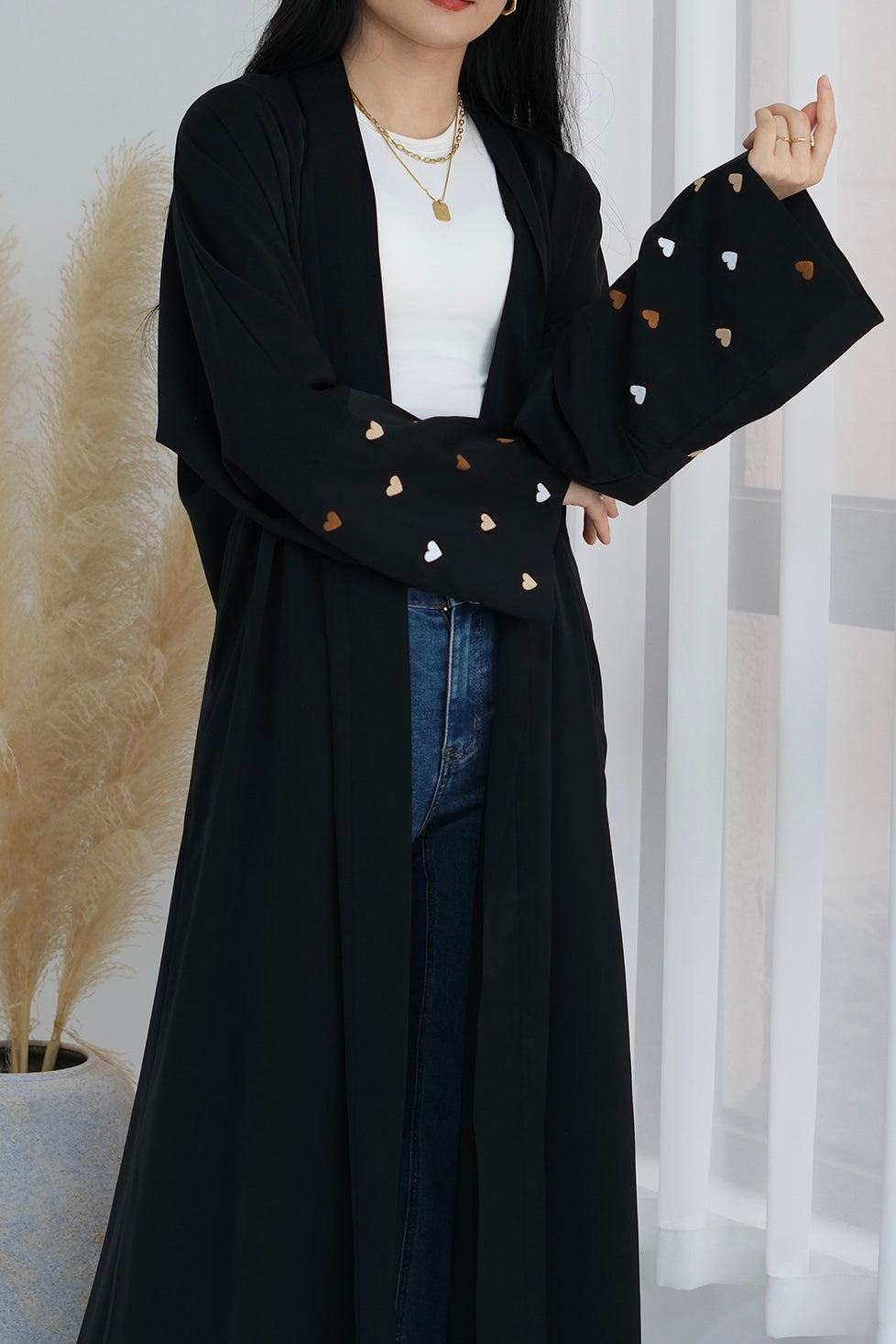 Deena Heart Pattern Embroidery  Modest Open Abaya 783 - Black