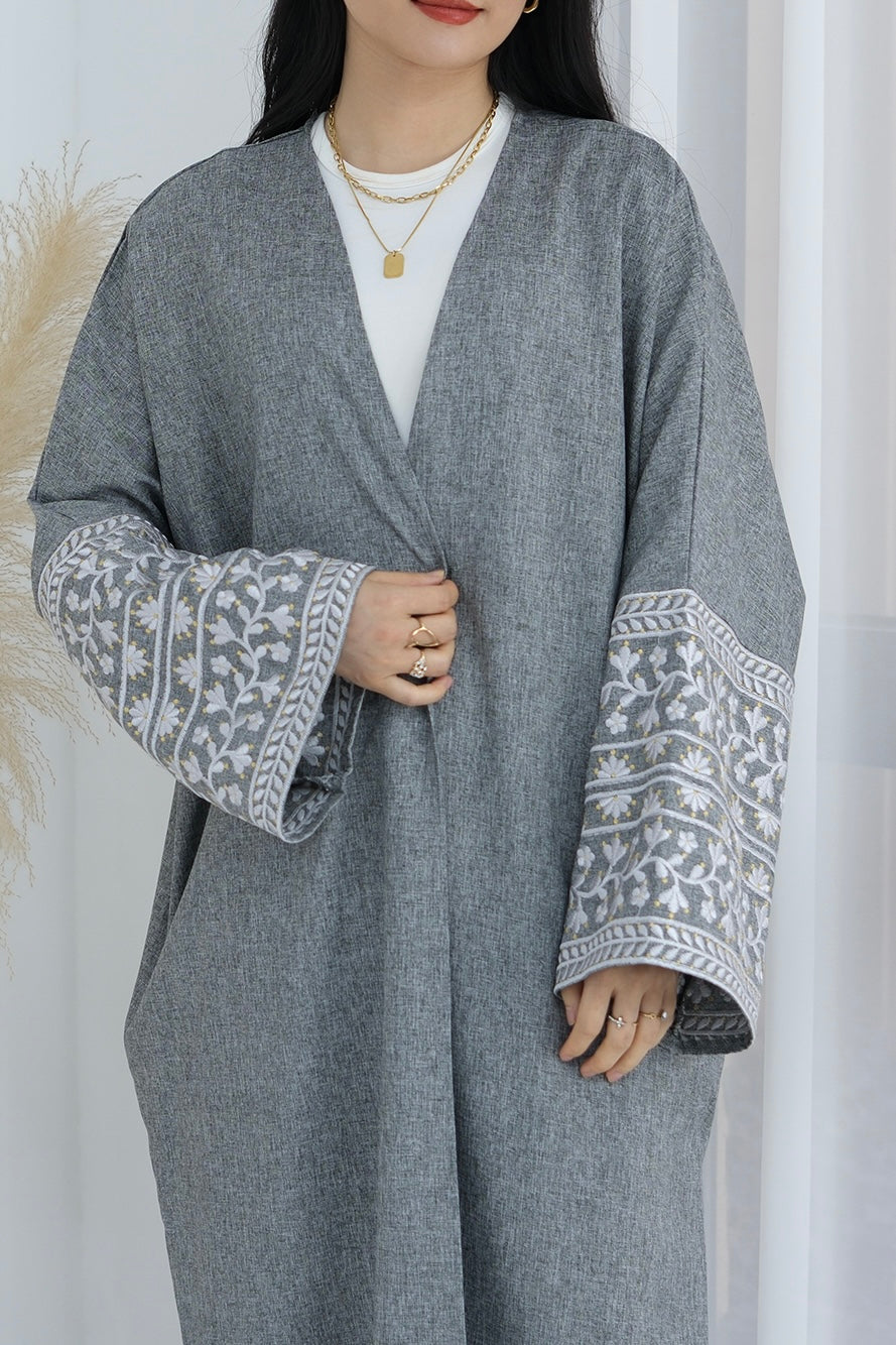 Ayra Flowers Embroidery Modest Open Abaya 784 -Gray