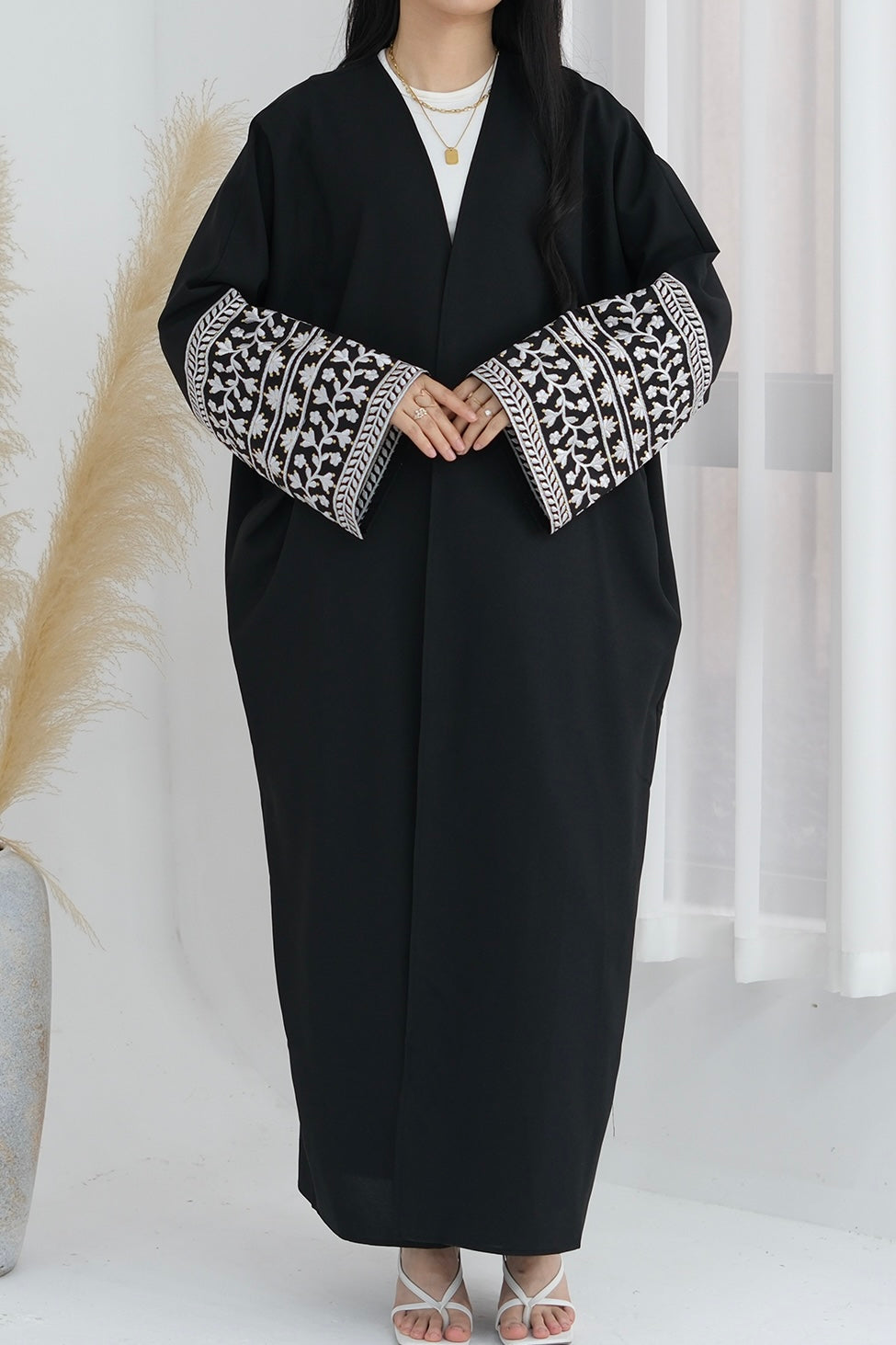 Ayra Flowers Embroidery Modest Open Abaya 784 -Black