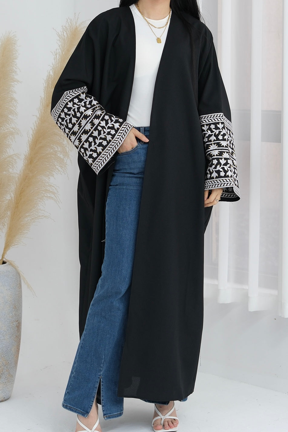 Ayra Flowers Embroidery Modest Open Abaya 784 -Black