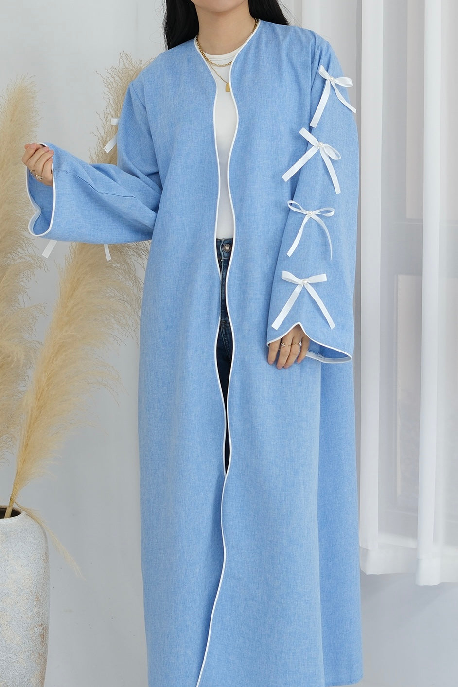 Lana Ribbon Bow Modest Open Abaya 800- Blue