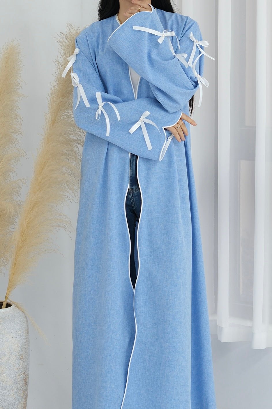 Lana Ribbon Bow Modest Open Abaya 800- Blue