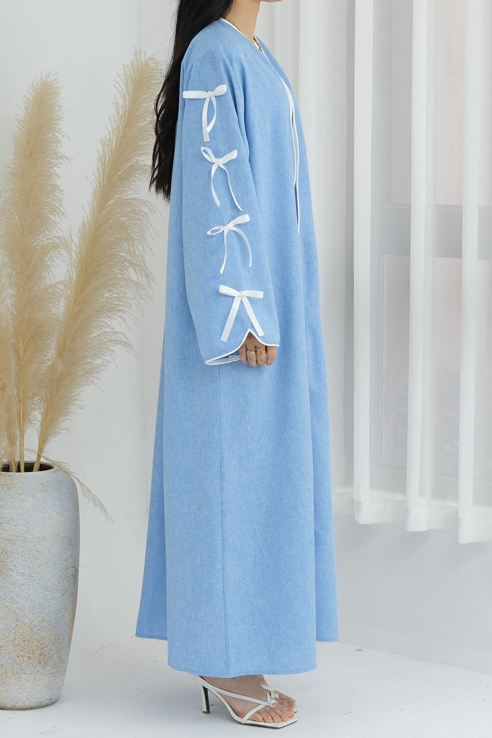 Lana Ribbon Bow Modest Open Abaya 800- Blue