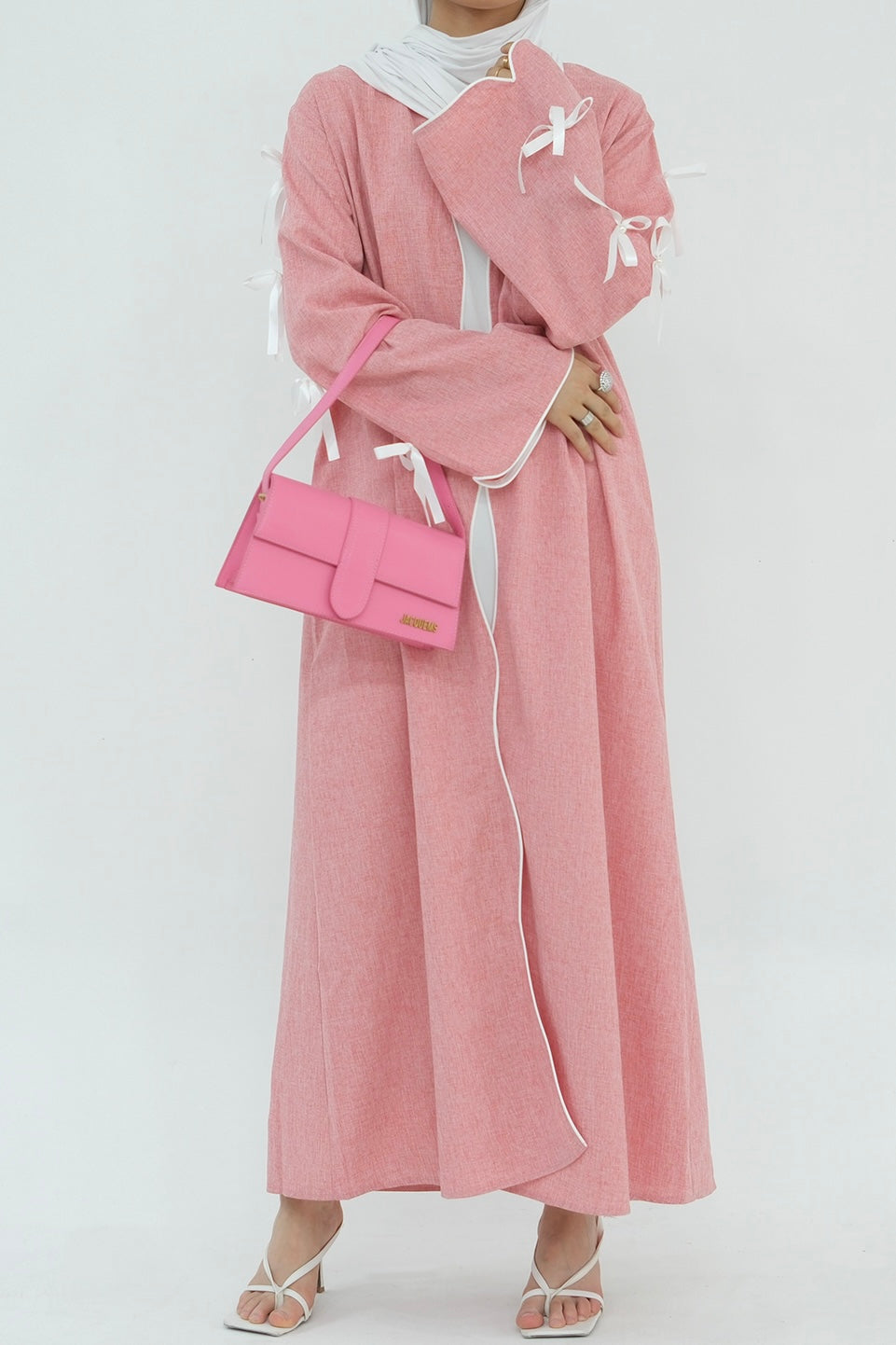 Lana Ribbon Bow Modest Open Abaya 800- Pink