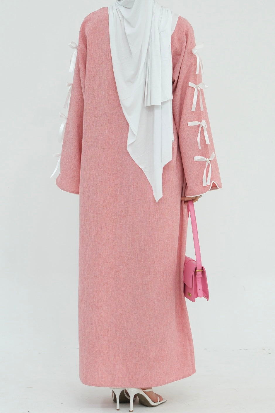 Lana Ribbon Bow Modest Open Abaya 800- Pink