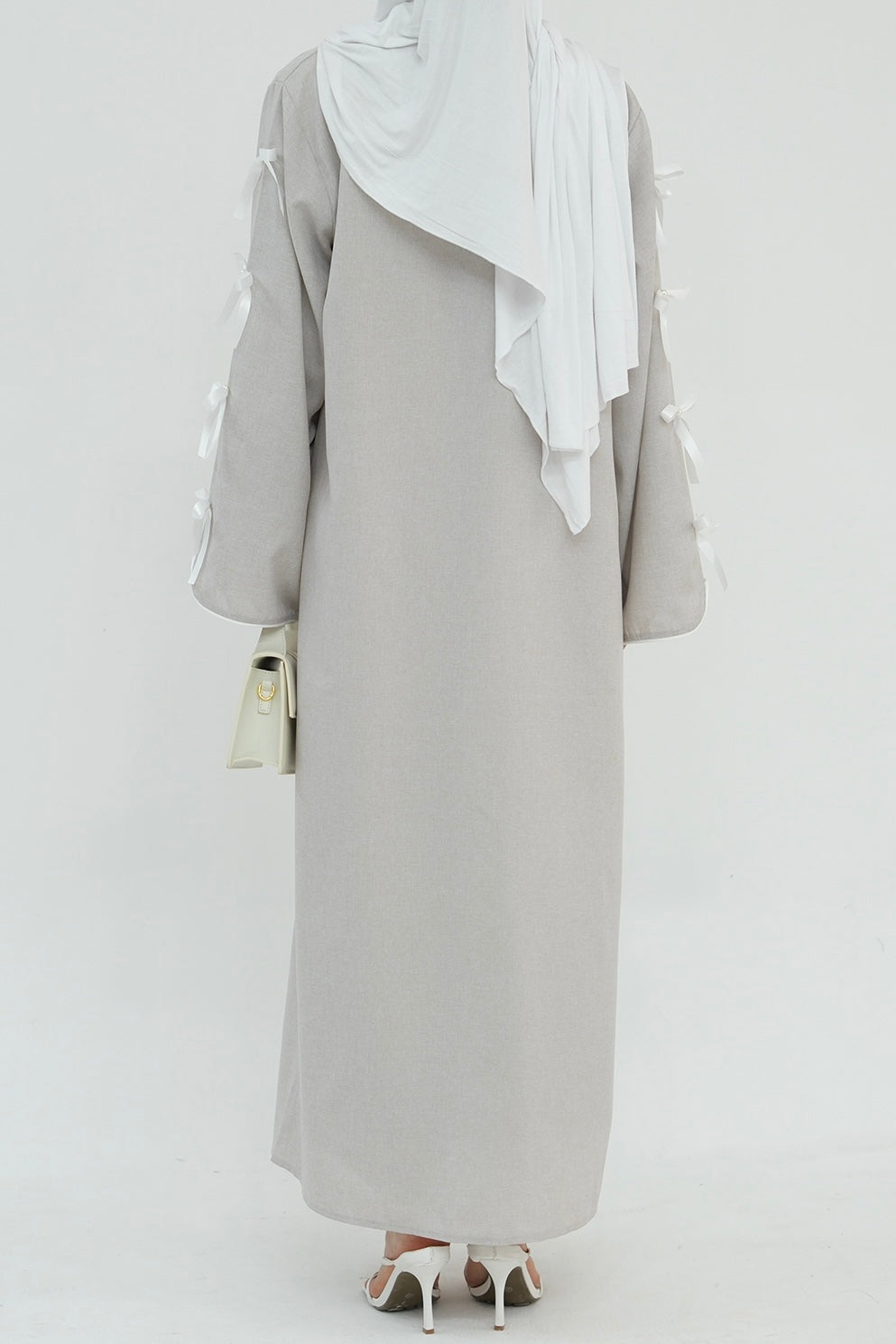 Lana Ribbon Bow Modest Open Abaya 800 - Gray