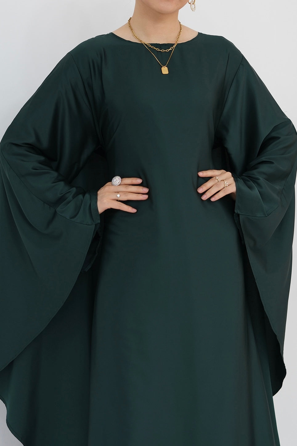 Ella Silky Satin Batwing Butterfly Sleeves Kaftan Maxi Dress Abaya 803- Dark Green