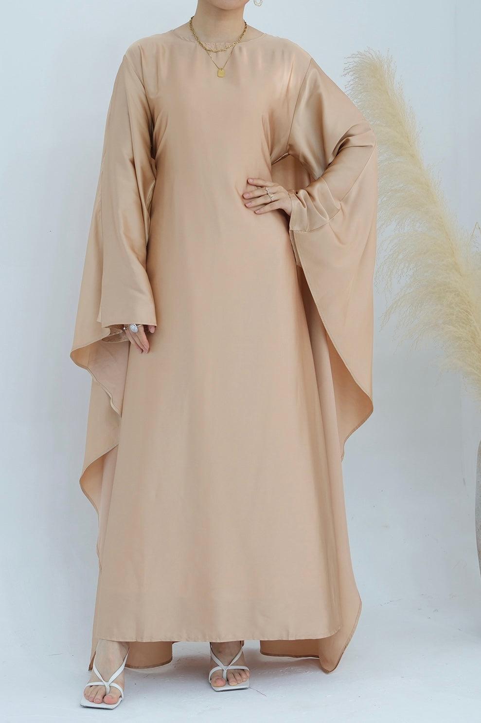 Ella Silky Satin Batwing Butterfly Sleeves Kaftan Maxi Dress Abaya  803- Beige