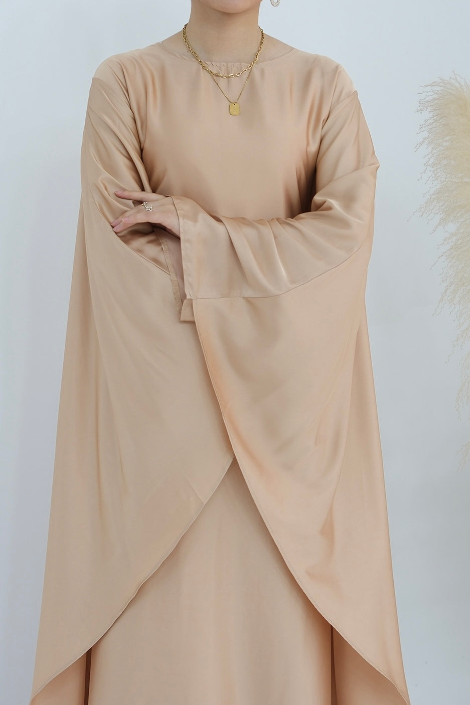 Ella Silky Satin Batwing Butterfly Sleeves Kaftan Maxi Dress Abaya with belt 803- Beige