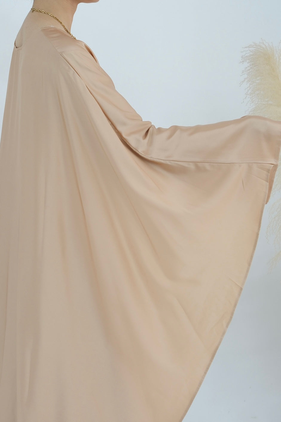 Ella Silky Satin Batwing Butterfly Sleeves Kaftan Maxi Dress Abaya  803- Beige