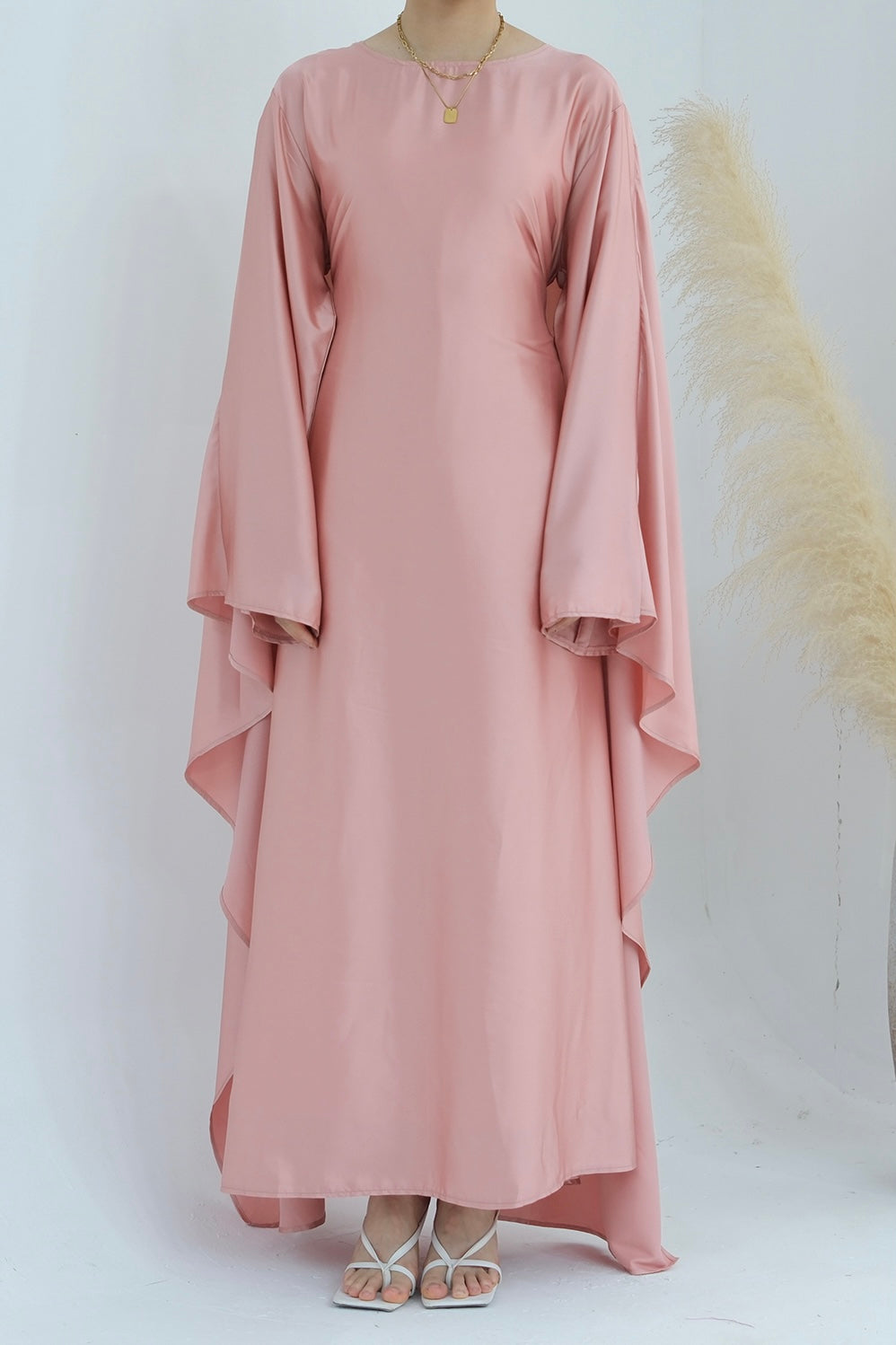 Ella Silky Satin Batwing Butterfly Sleeves Kaftan Maxi Dress Abaya 803- Pink