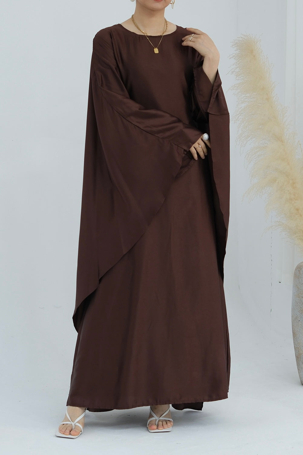 Ella Silky Satin Batwing Butterfly Sleeves Kaftan Maxi Dress Abaya 803- Coffee