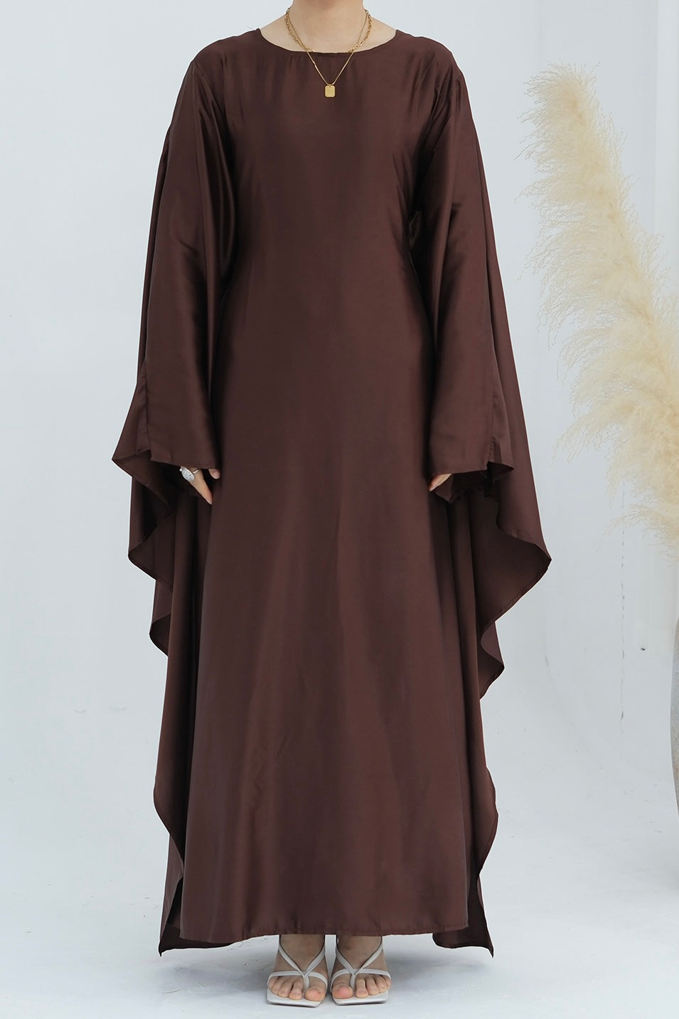 Ella Silky Satin Batwing Butterfly Sleeves Kaftan Maxi Dress Abaya 803 - Coffee