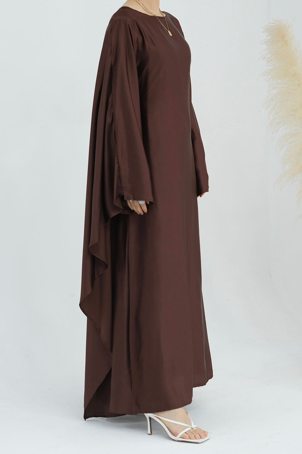 Ella Silky Satin Batwing Butterfly Sleeves Kaftan Maxi Dress Abaya 803 - Coffee