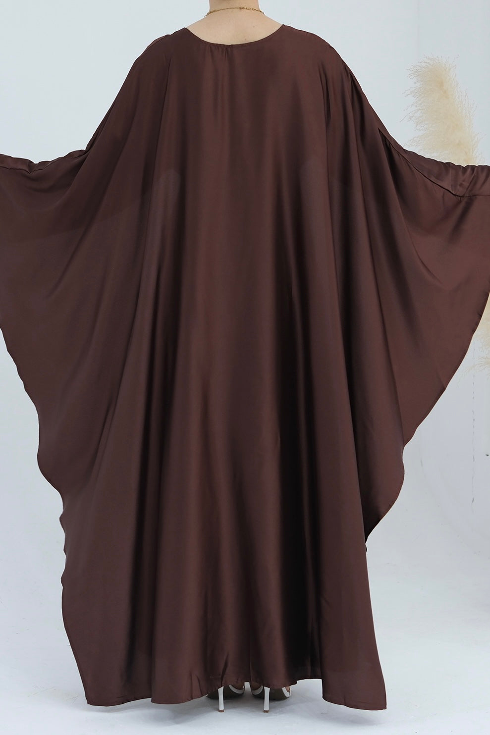 Ella Silky Satin Batwing Butterfly Sleeves Kaftan Maxi Dress Abaya 803- Coffee