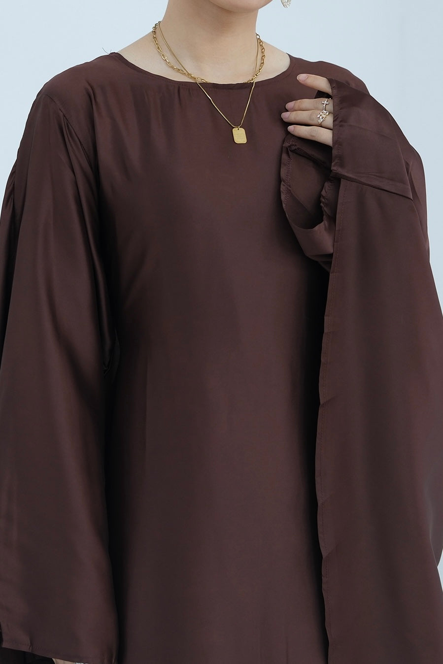 Ella Silky Satin Batwing Butterfly Sleeves Kaftan Maxi Dress Abaya 803- Coffee