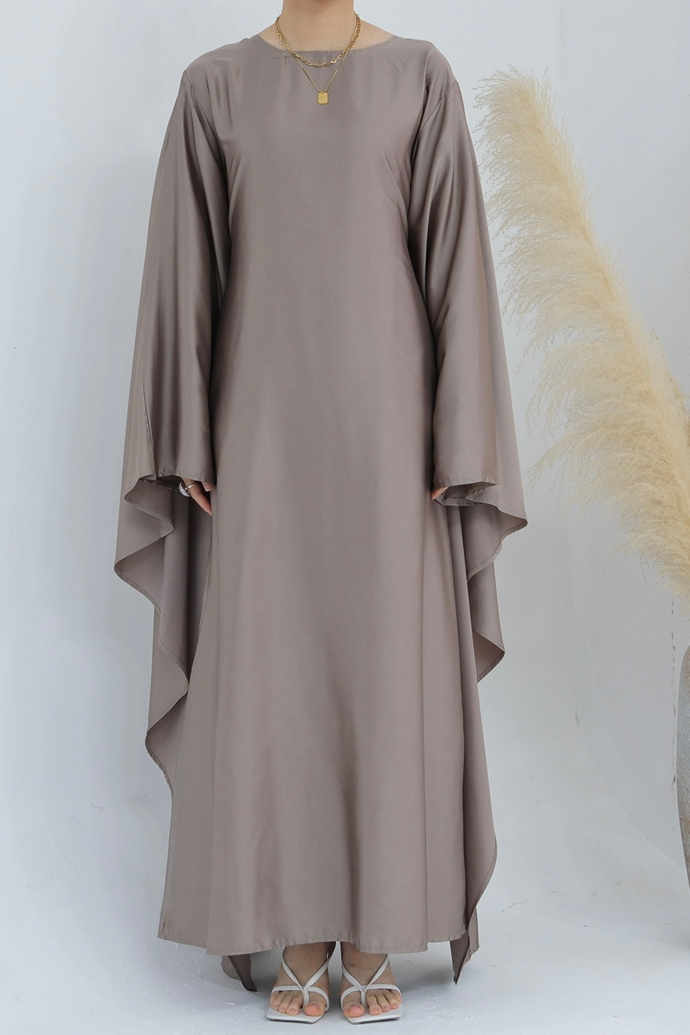 Ella Silky Satin Batwing Butterfly Sleeves Kaftan Maxi Dress Abaya 803 - Mauve