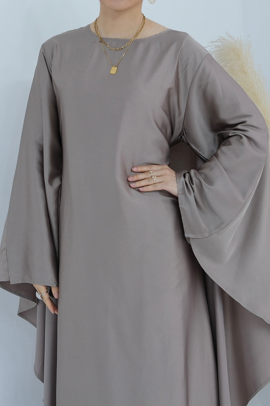 Ella Silky Satin Batwing Butterfly Sleeves Kaftan Maxi Dress Abaya 803- Mauve