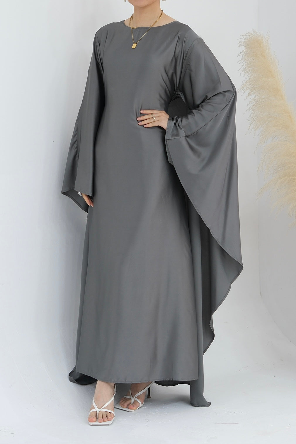 Ella Silky Satin Batwing Butterfly Sleeves Kaftan Maxi Dress Abaya with belt 803- Dark Gray