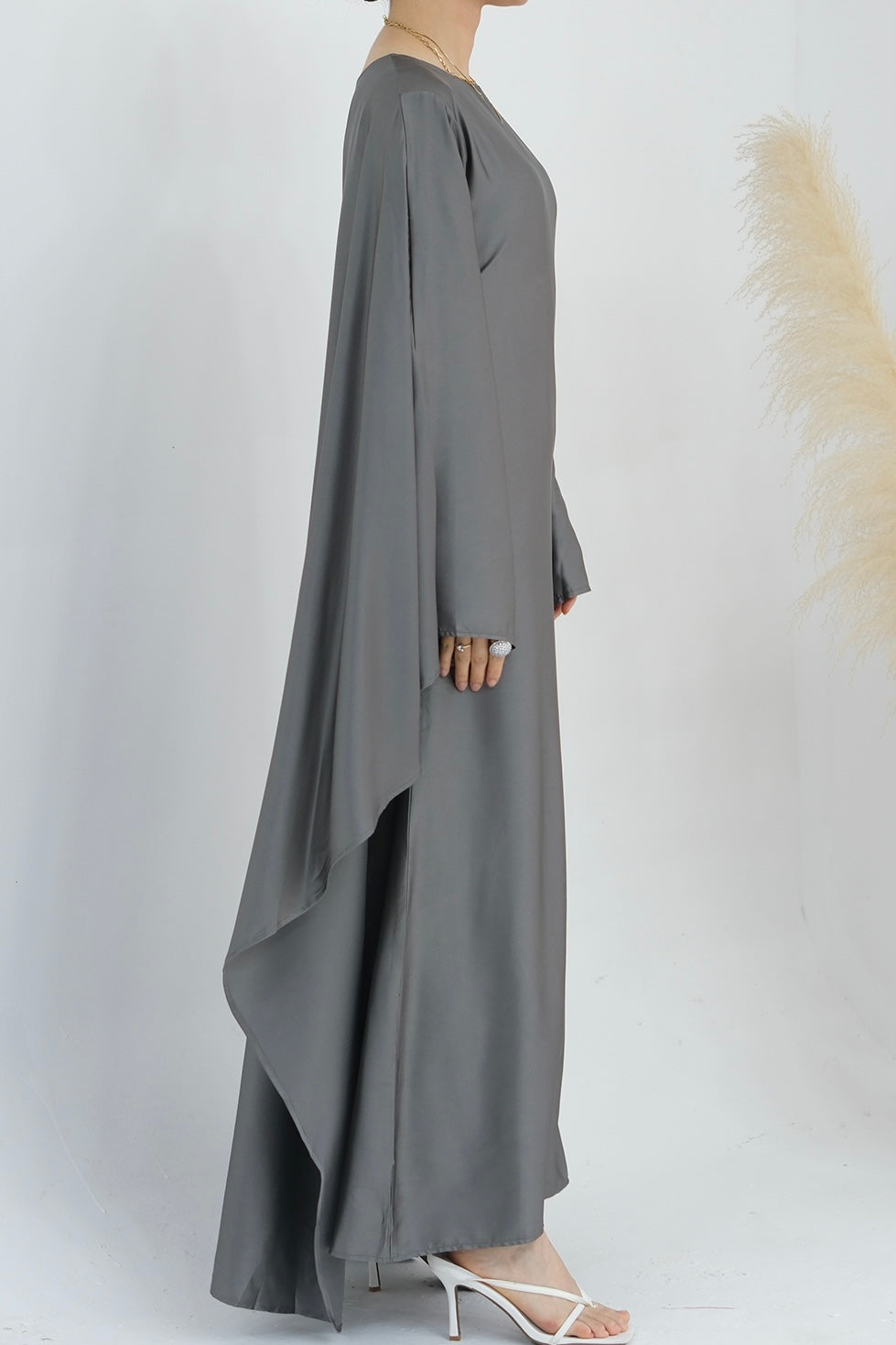 Ella Silky Satin Batwing Butterfly Sleeves Kaftan Maxi Dress Abaya 803 - Dark Gray