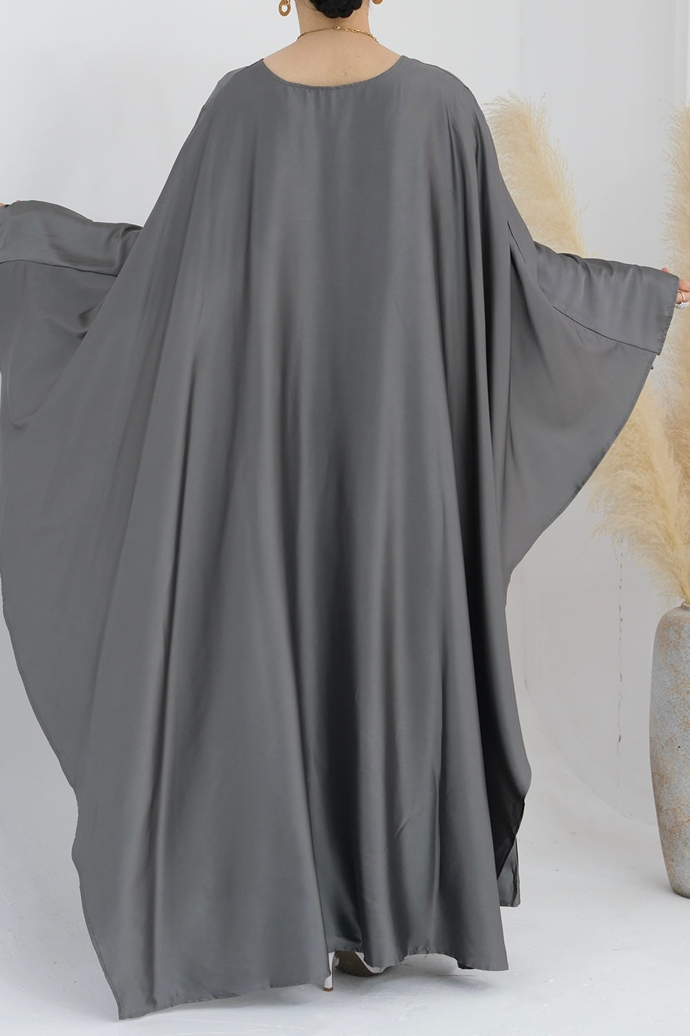 Ella Silky Satin Batwing Butterfly Sleeves Kaftan Maxi Dress Abaya 803- Dark Gray