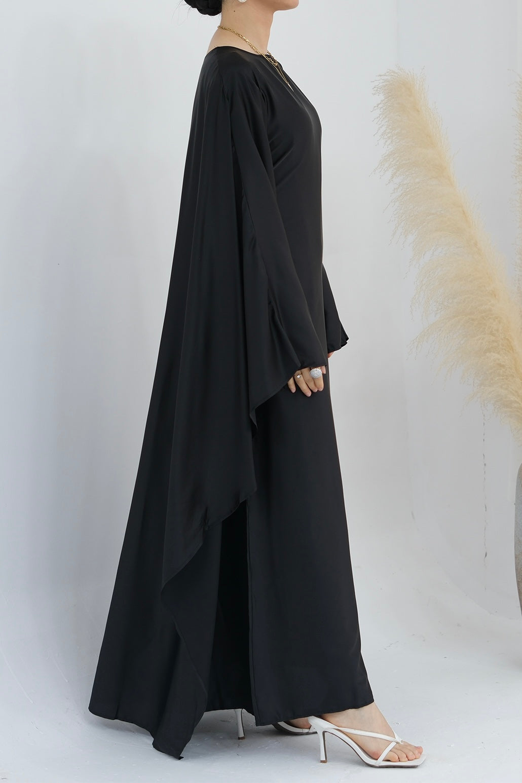 Ella Silky Satin Batwing Butterfly Sleeves Kaftan Maxi Dress Abaya with belt 803- Black