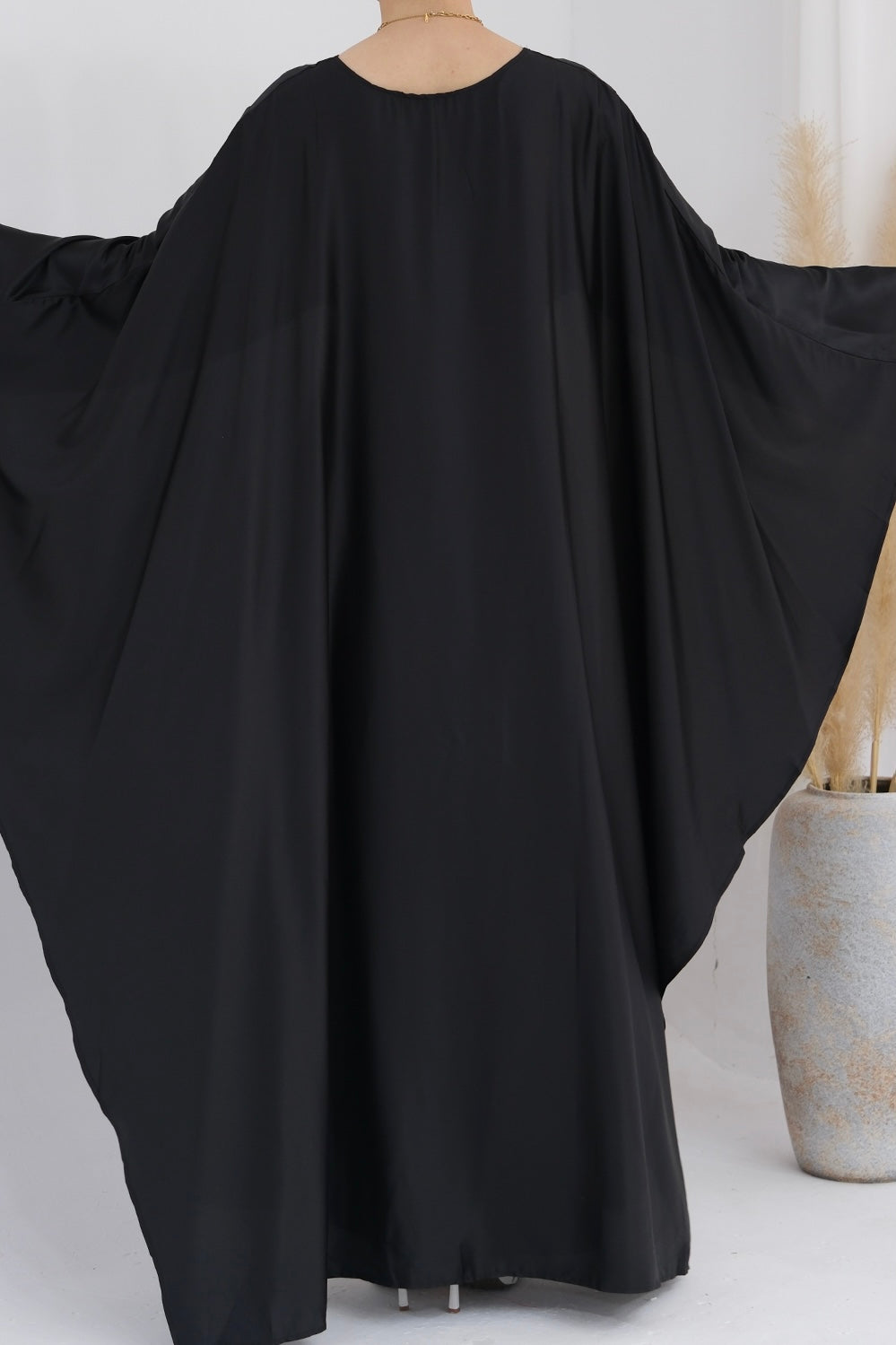 Ella Silky Satin Batwing Butterfly Sleeves Kaftan Maxi Dress Abaya 803- Black