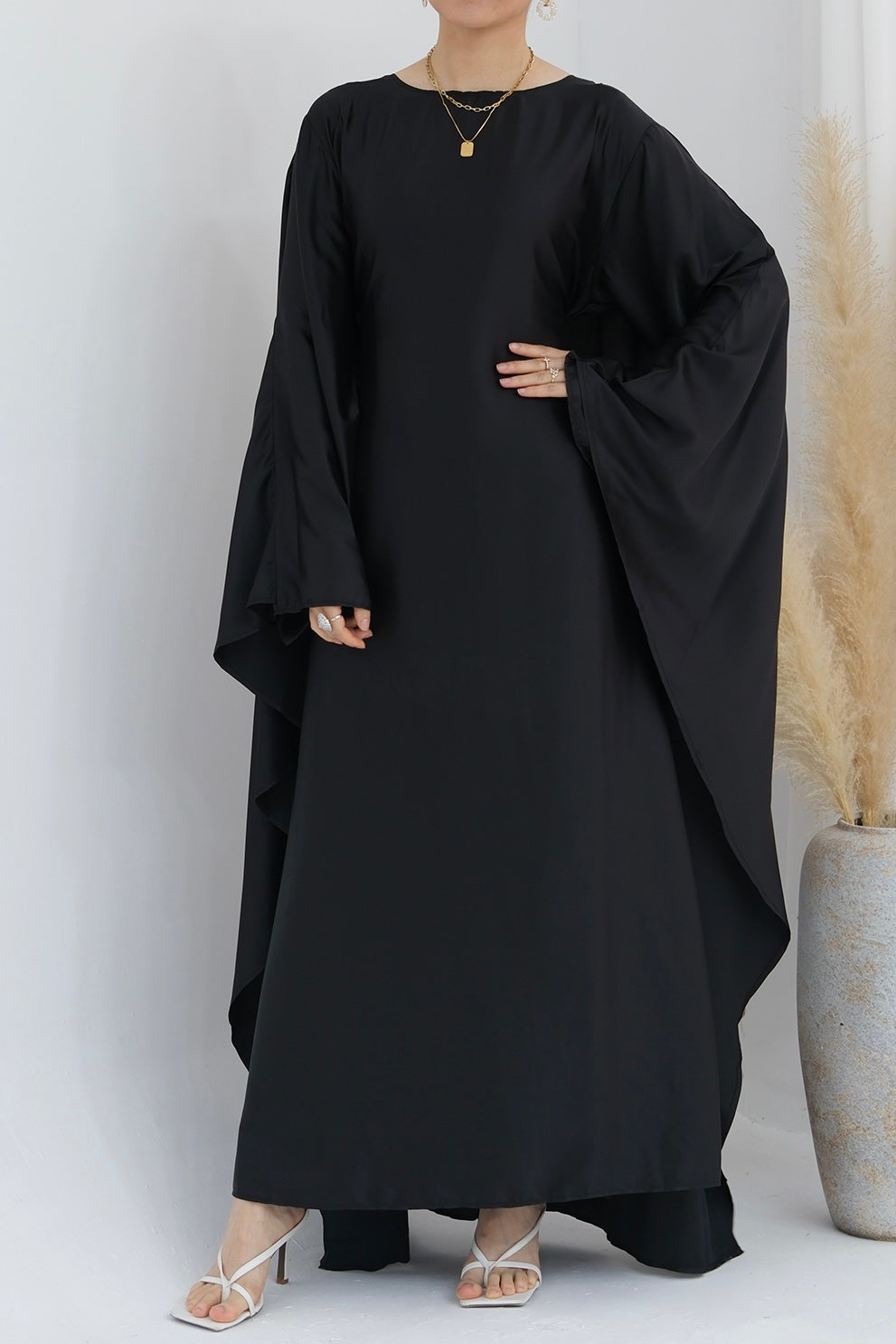 Ella Silky Satin Batwing Butterfly Sleeves Kaftan Maxi Dress Abaya 803- Black