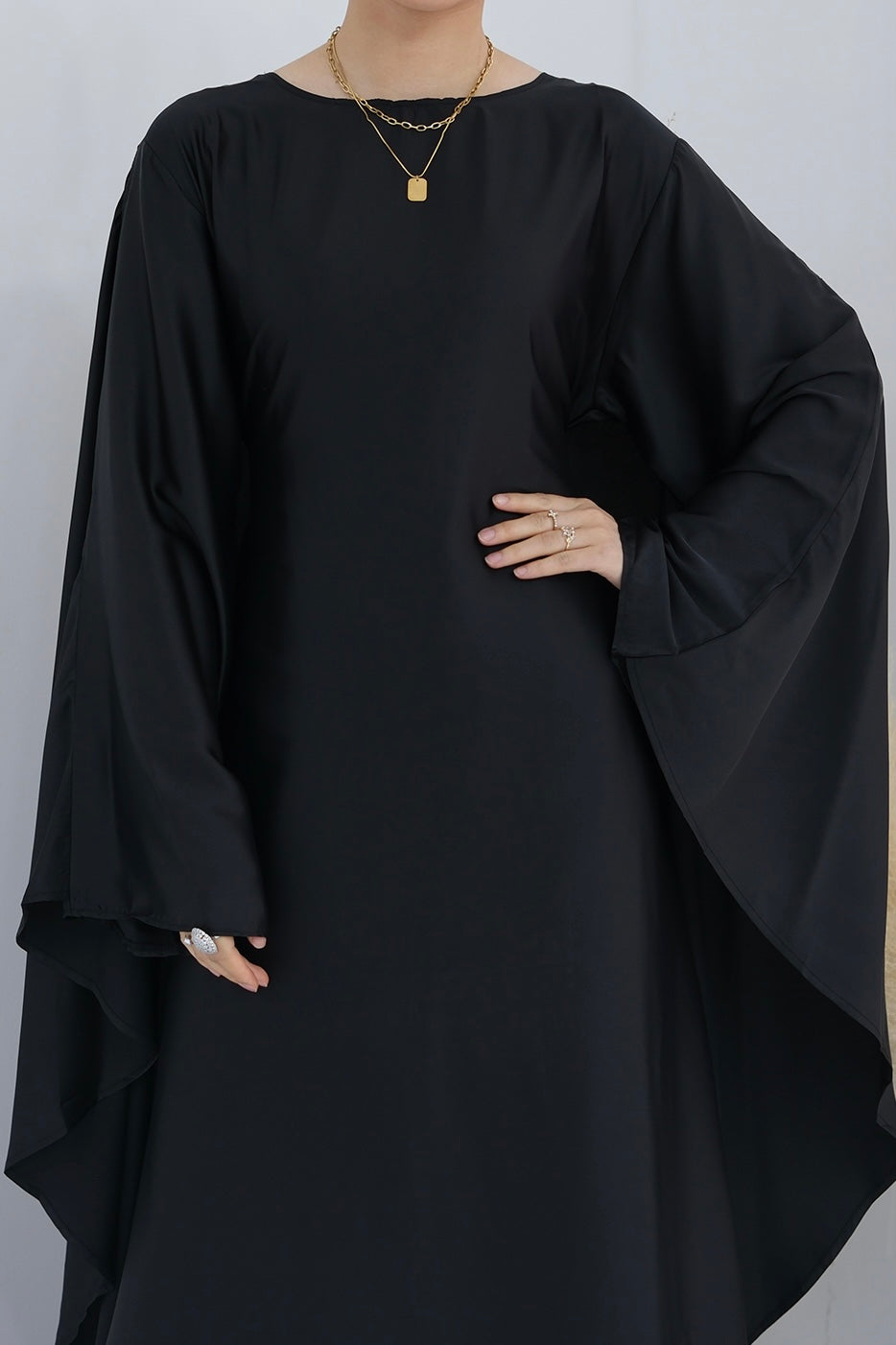 Ella Silky Satin Batwing Butterfly Sleeves Kaftan Maxi Dress Abaya 803- Black