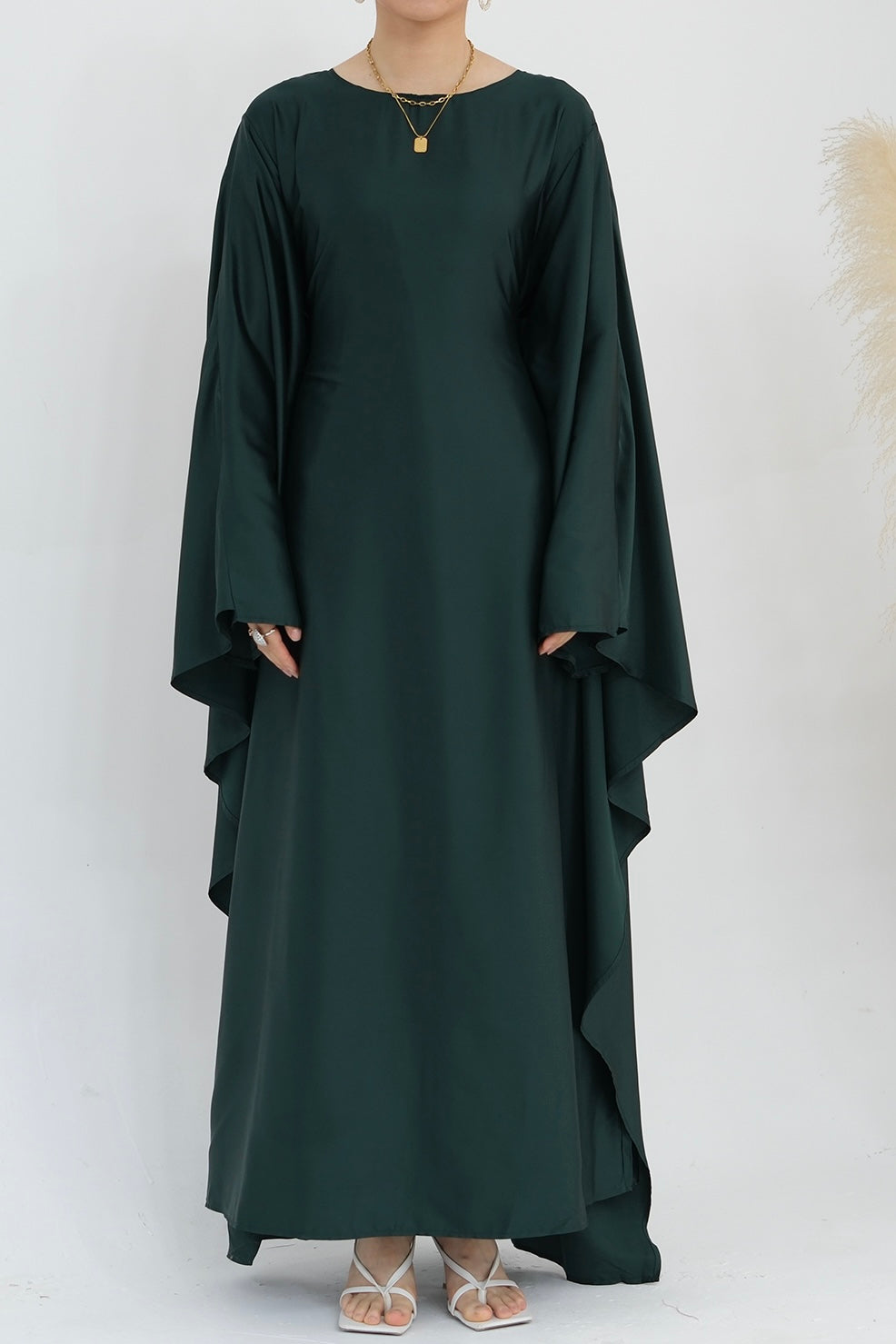 Ella Silky Satin Batwing Butterfly Sleeves Kaftan Maxi Dress Abaya with belt 803- Dark Green