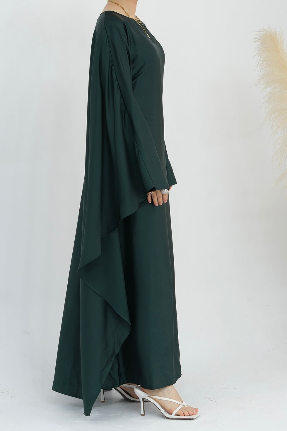 Ella Silky Satin Batwing Butterfly Sleeves Kaftan Maxi Dress Abaya with belt 803- Dark Green