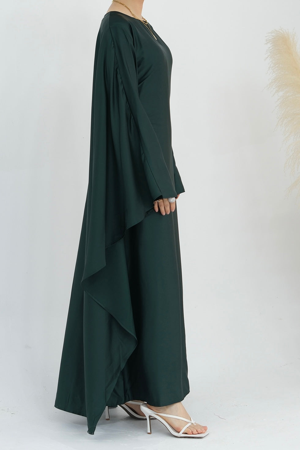 Ella Silky Satin Batwing Butterfly Sleeves Kaftan Maxi Dress Abaya 803- Dark Green