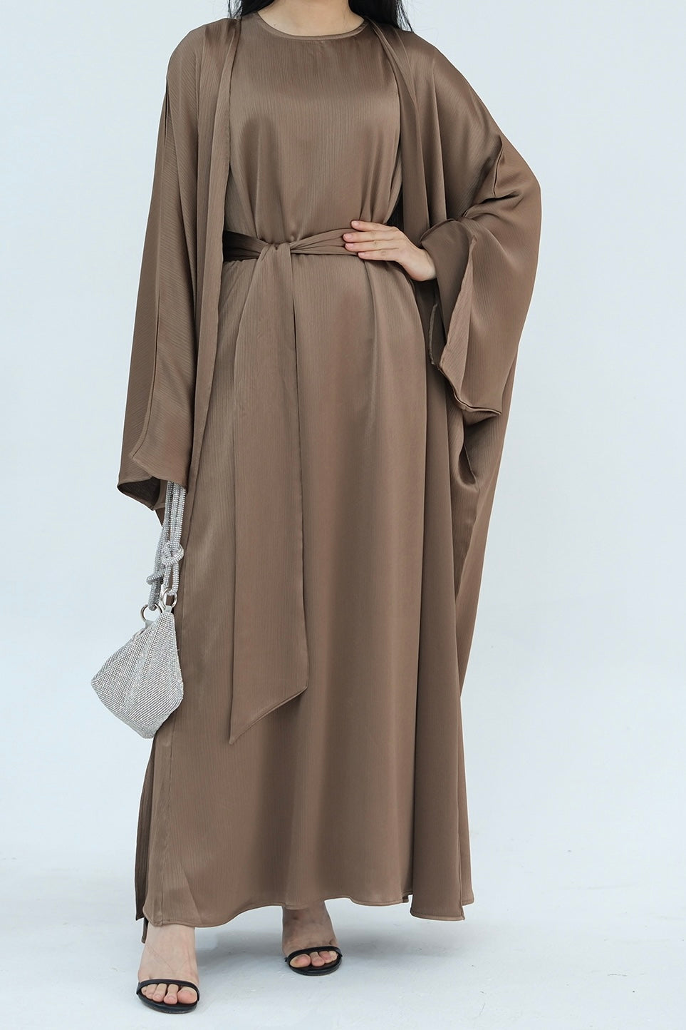 Jalilah 2PCS Modest Abaya Set with Crystal Chain 806 - Mocha