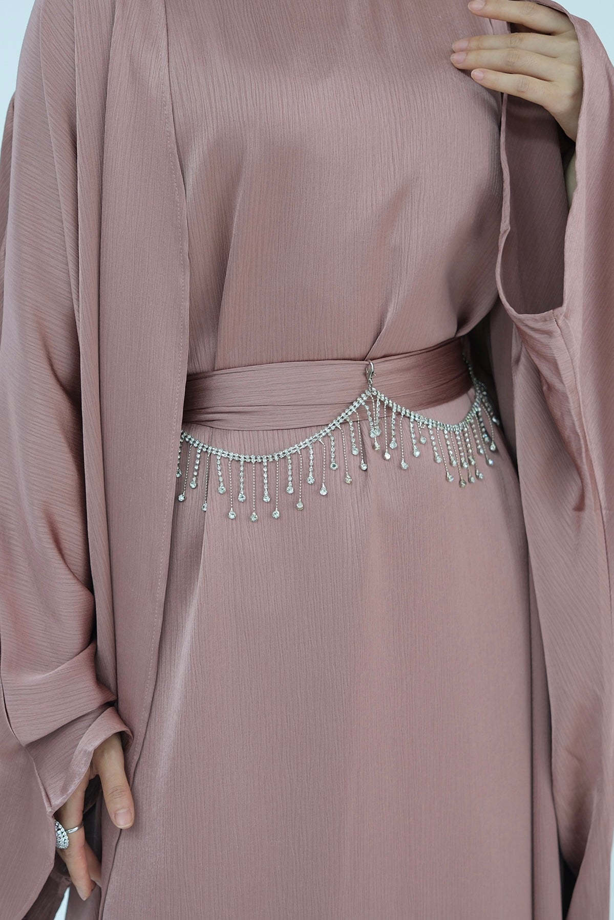 Jalilah 2PCS Modest Abaya Set with Crystal Chain 806 - Pink