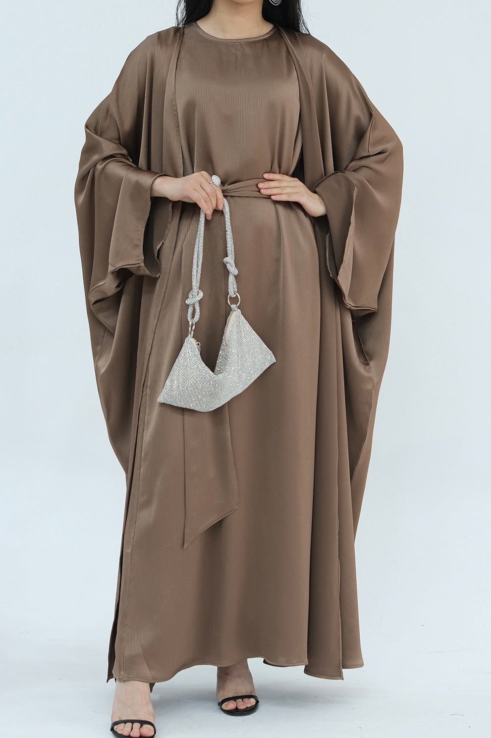 Jalilah 2PCS Modest Abaya Set with Crystal Chain 806 - Mocha