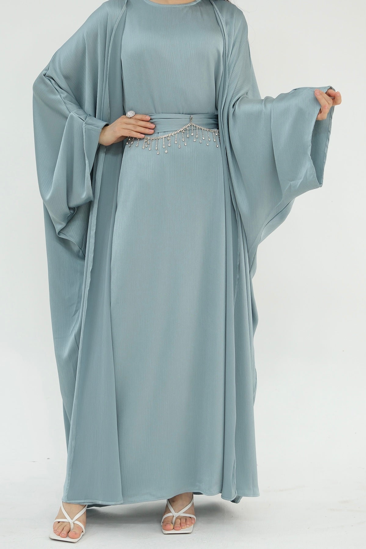 Jalilah 2PCS Modest Abaya Set with Crystal Chain 806 - Light Blue