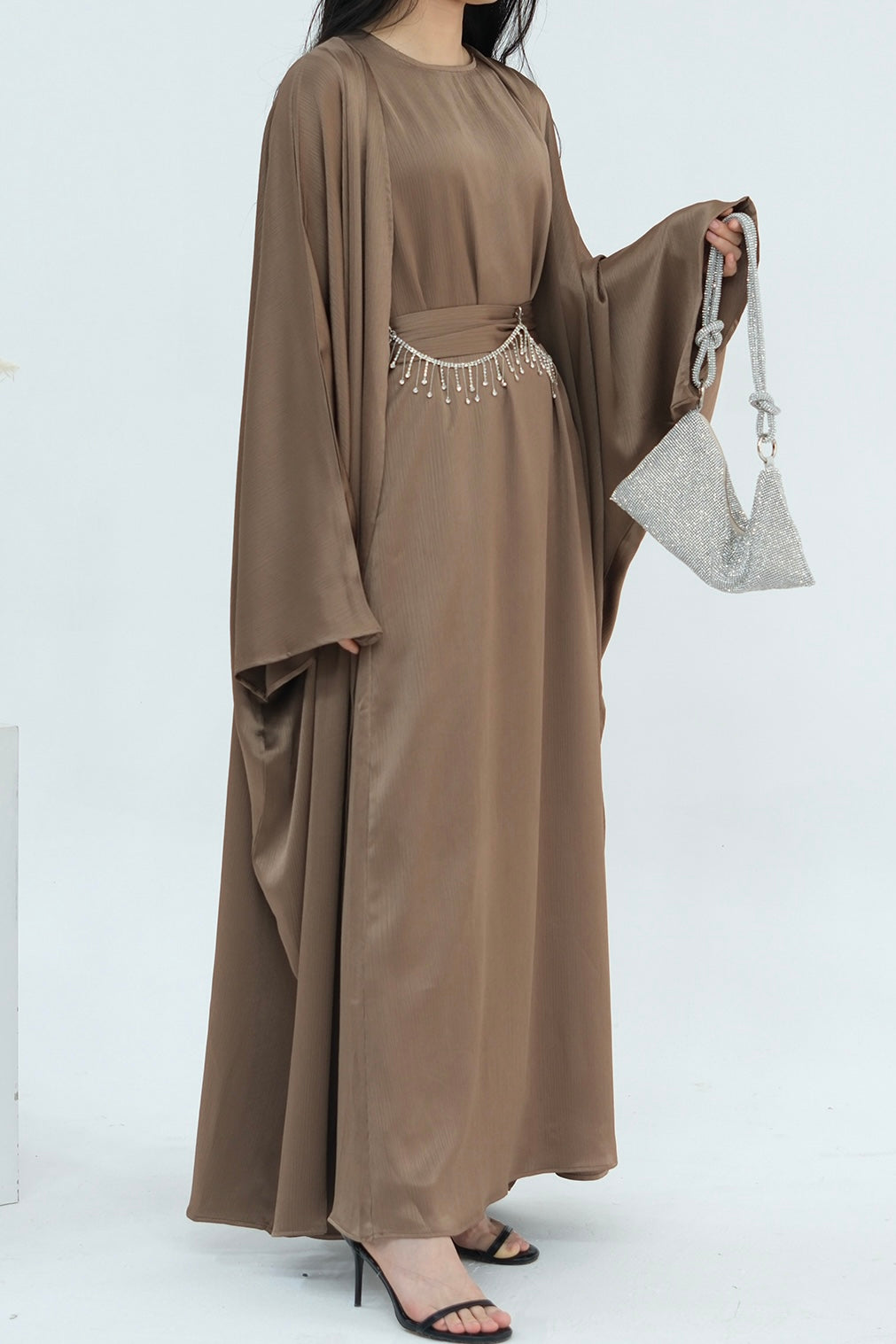 Jalilah 2PCS Modest Abaya Set with Crystal Chain 806 - Mocha