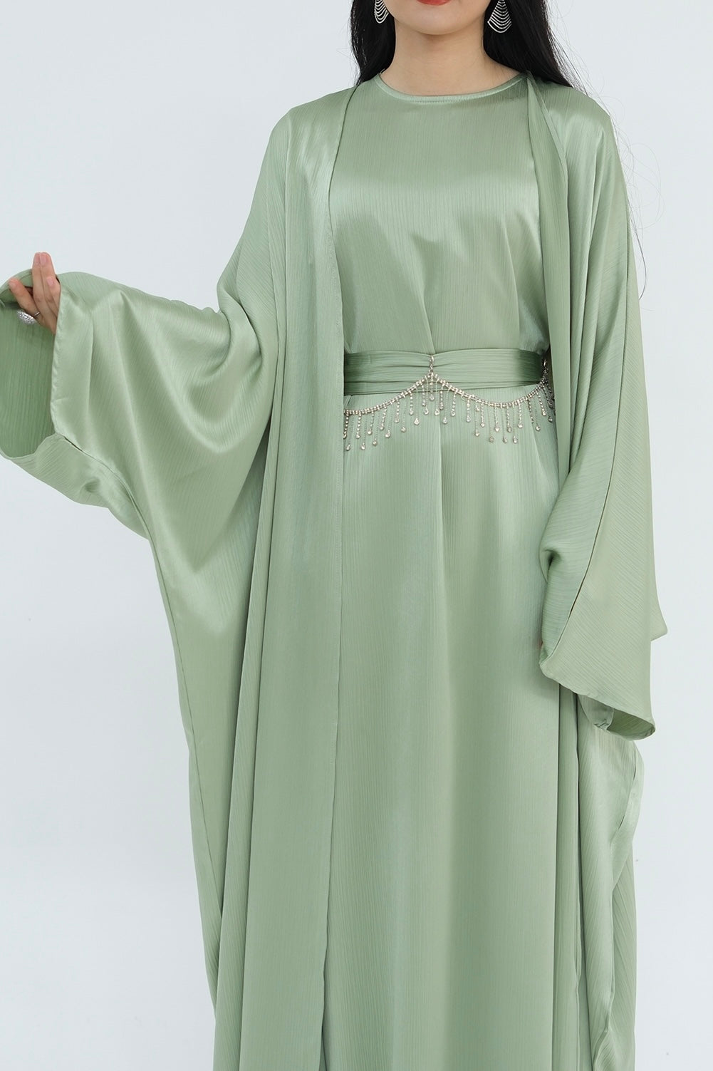 Jalilah 2PCS Modest Abaya Set with Crystal Chain 806 - Mint Green