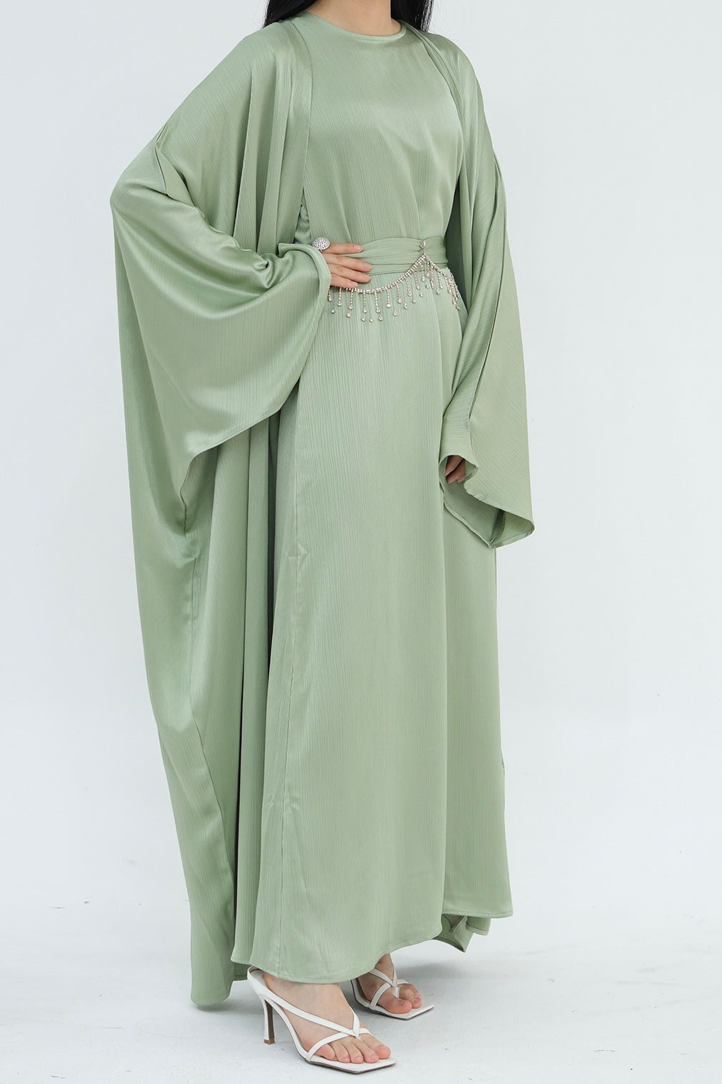 Jalilah 2PCS Modest Abaya Set with Crystal Chain 806 - Mint Green