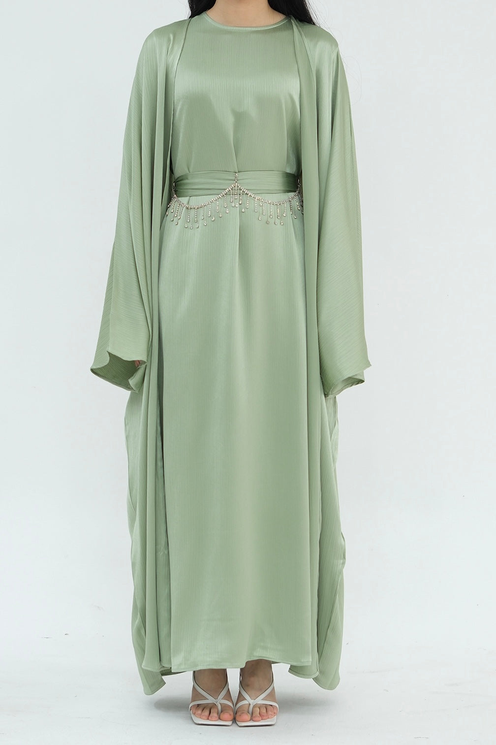 Jalilah 2PCS Modest Abaya Set with Crystal Chain 806 - Mint Green