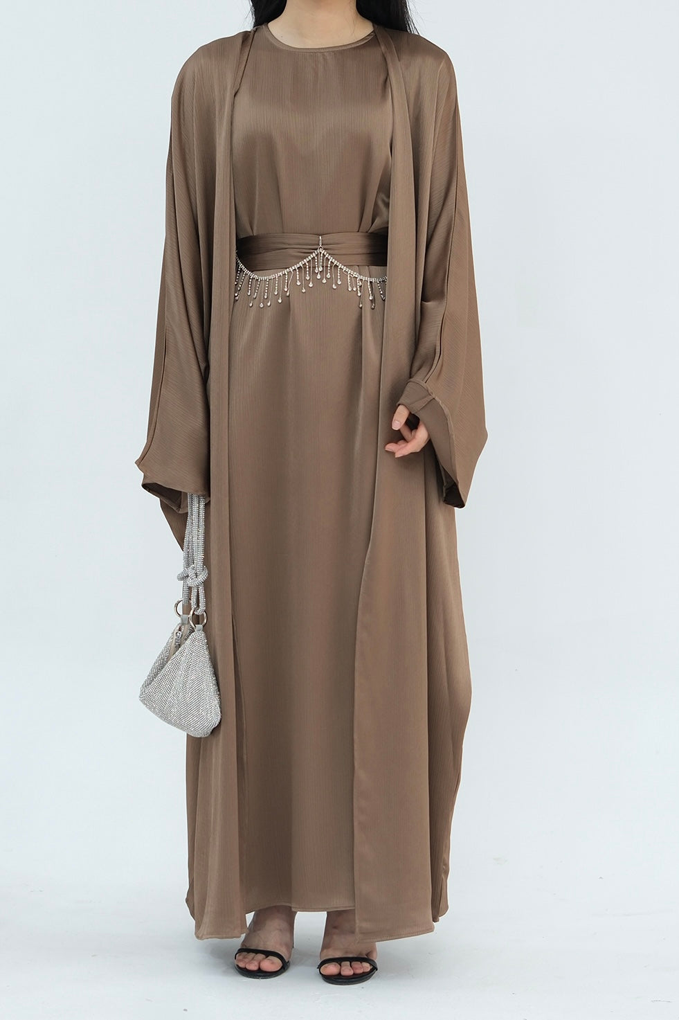 Jalilah 2PCS Modest Abaya Set with Crystal Chain 806 - Mocha