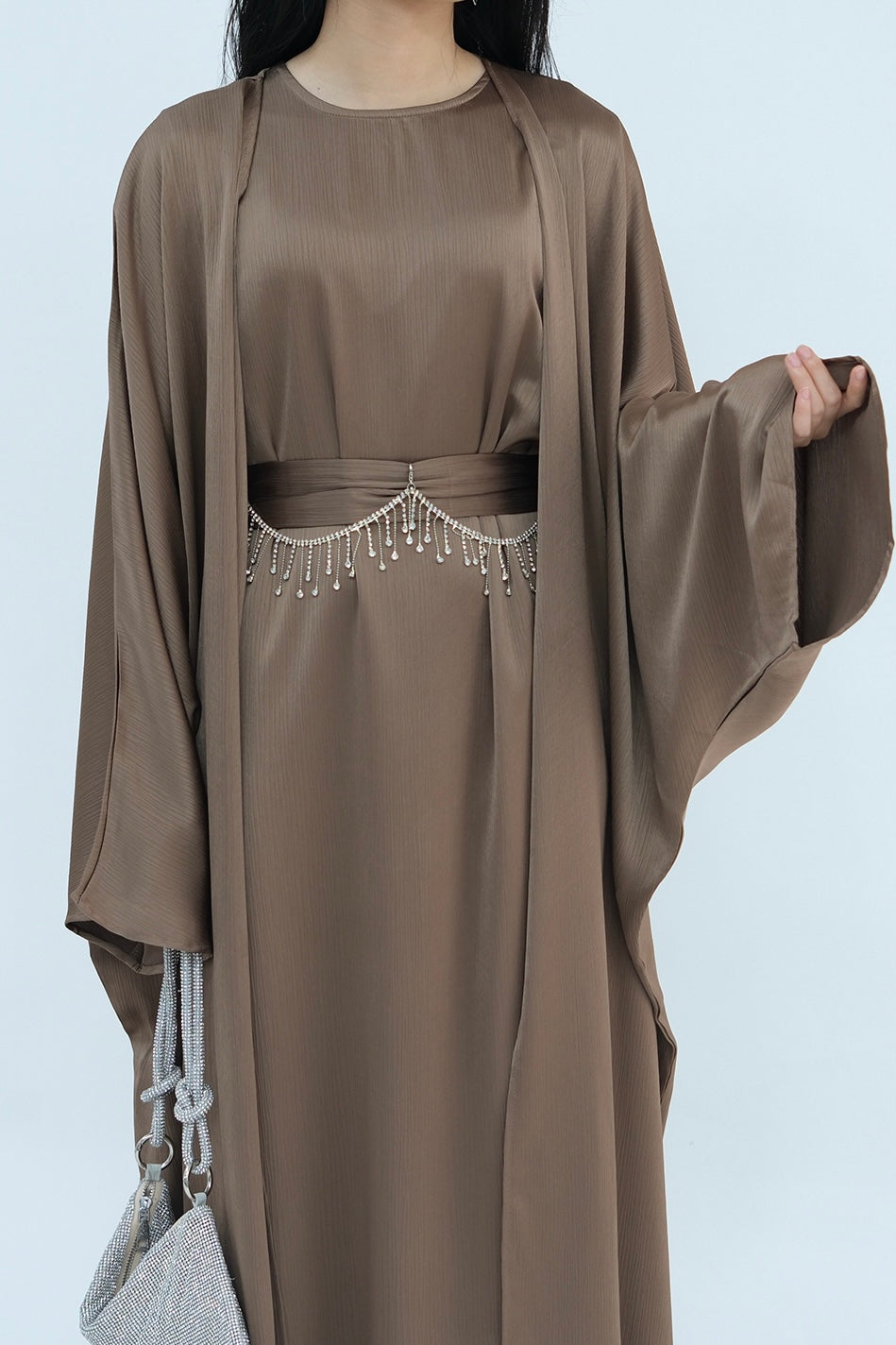 Jalilah 2PCS Modest Abaya Set with Crystal Chain 806 - Mocha