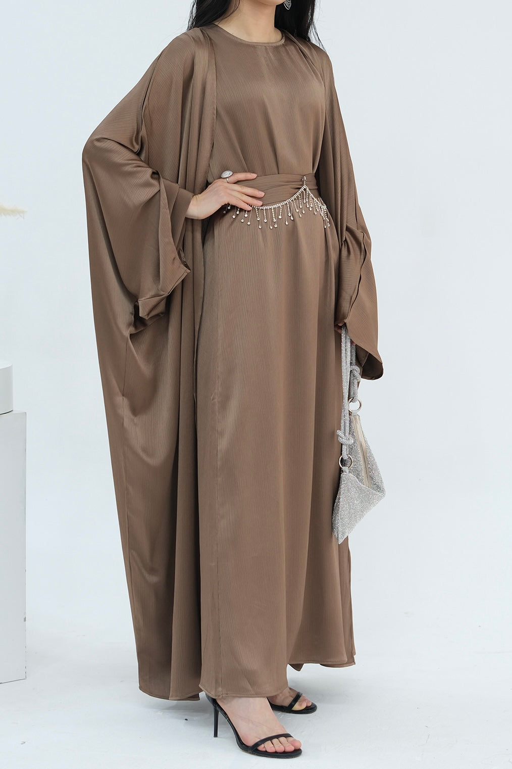 Jalilah 2PCS Modest Abaya Set with Crystal Chain 806 - Mocha