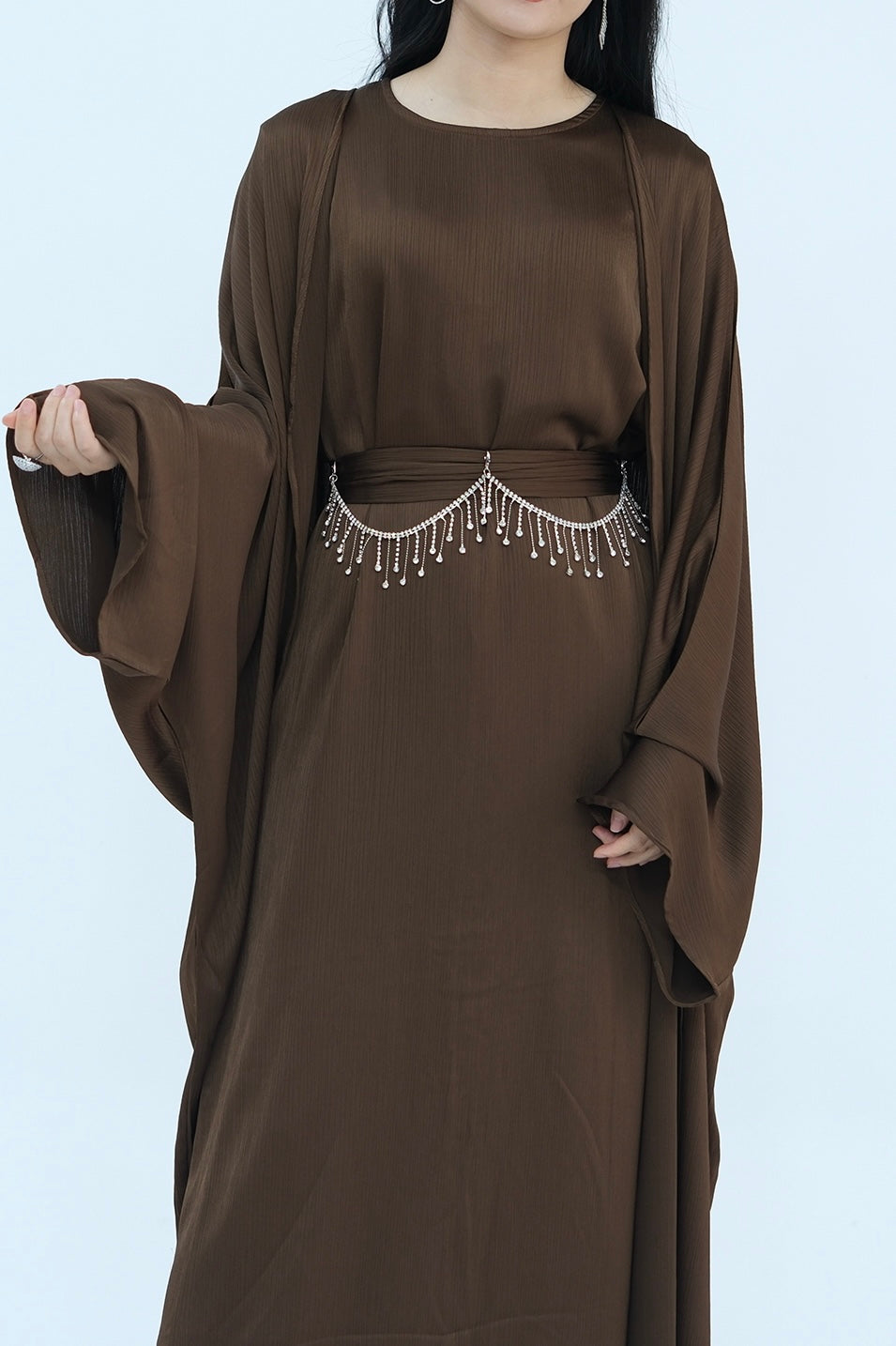 Jalilah 2PCS Modest Abaya Set with Crystal Chain 806 - Coffee