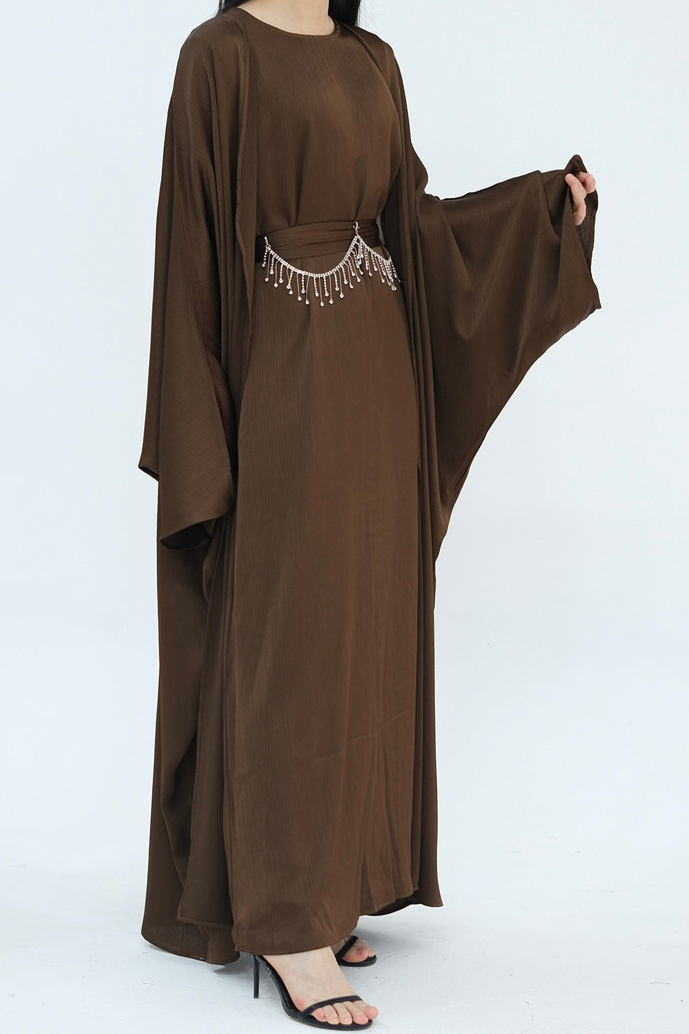 Jalilah 2PCS Modest Abaya Set with Crystal Chain 806 - Coffee