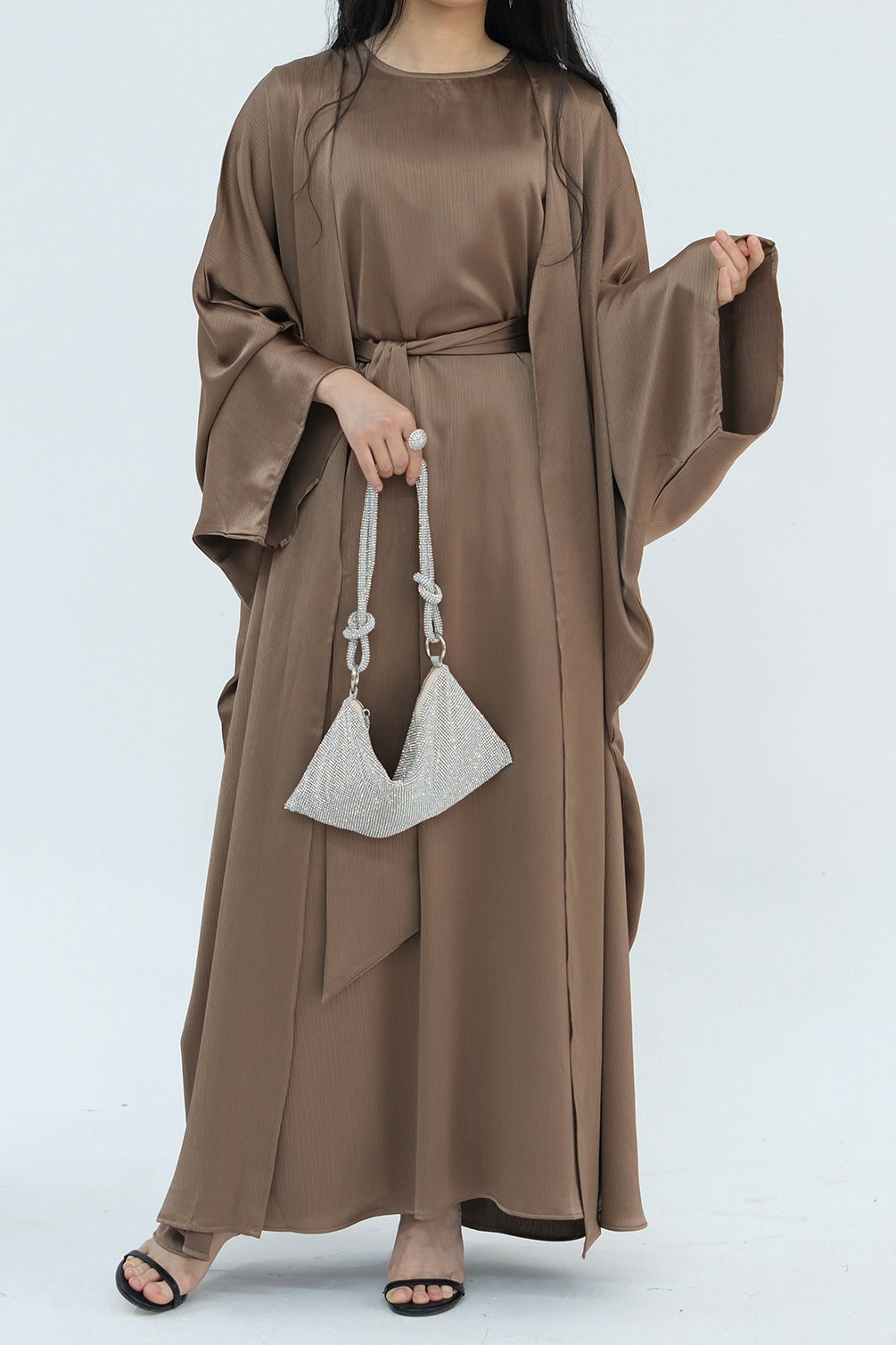 Jalilah 2PCS Modest Abaya Set with Crystal Chain 806 - Mocha