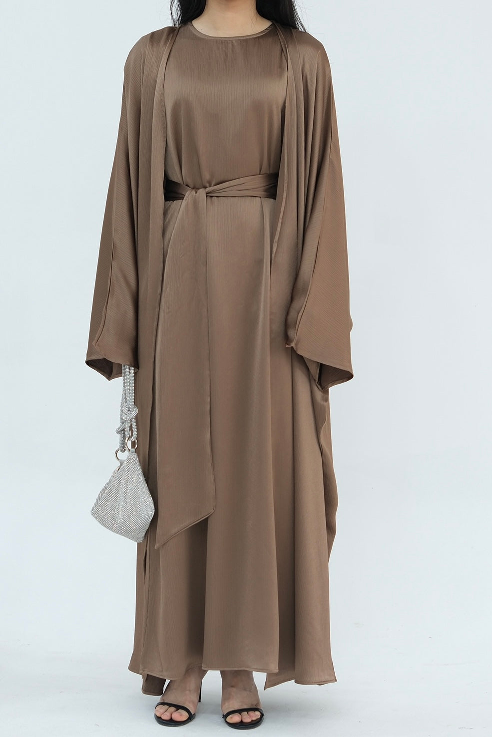 Jalilah 2PCS Modest Abaya Set with Crystal Chain 806 - Mocha