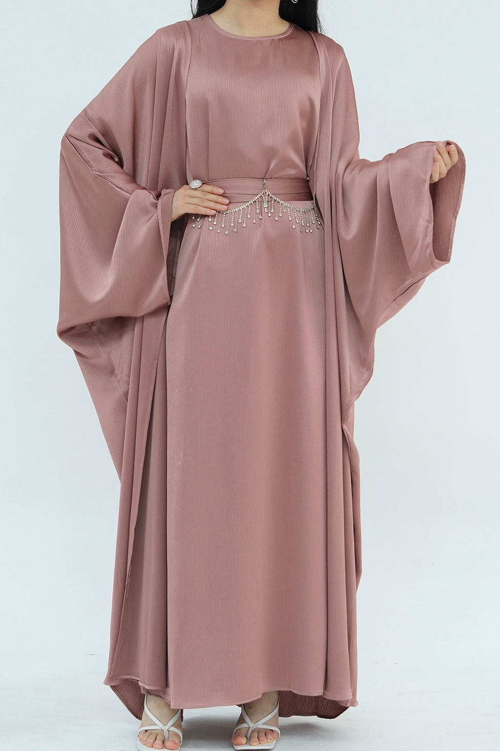 Jalilah 2PCS Modest Abaya Set with Crystal Chain 806 - Pink