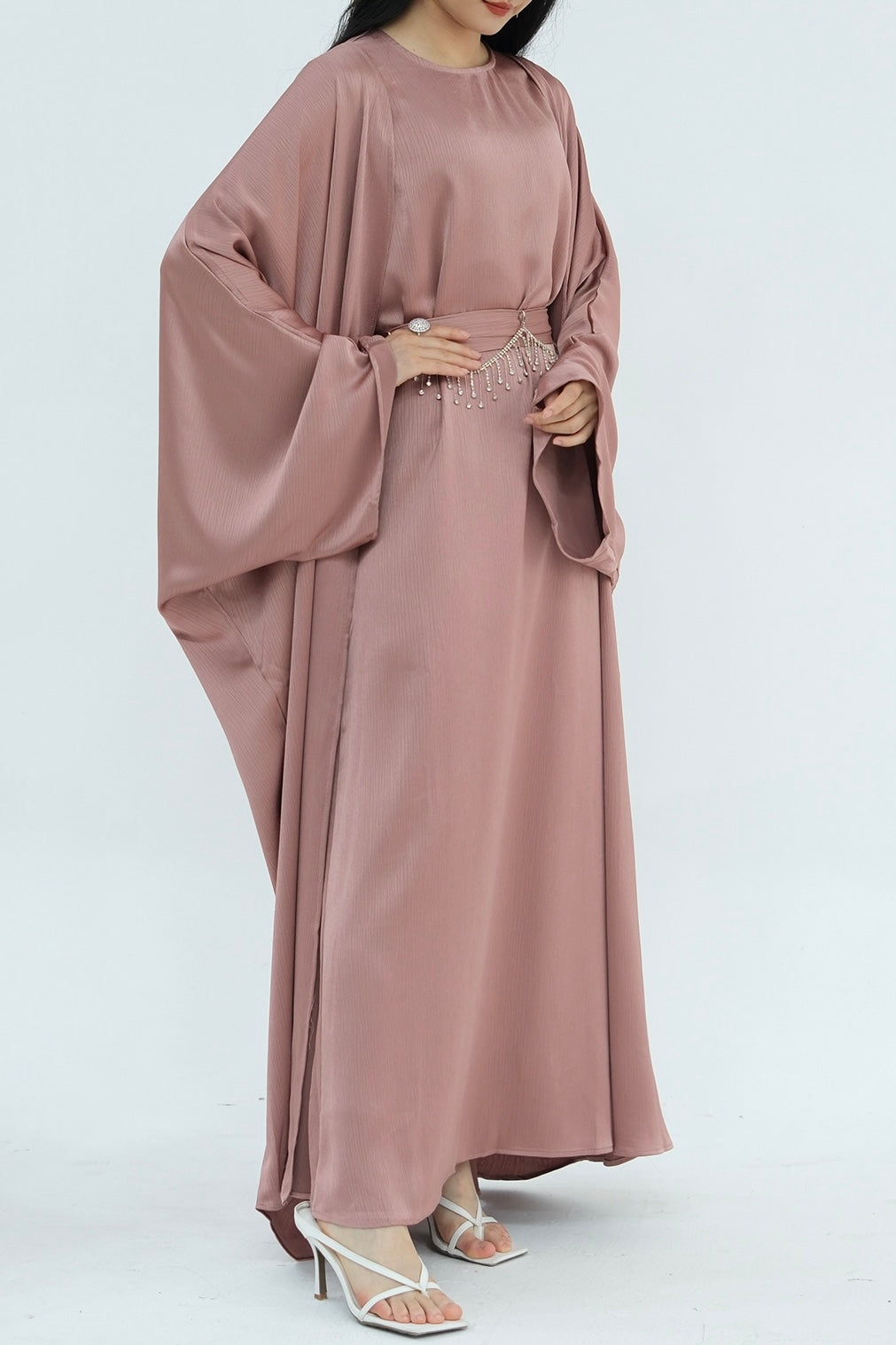 Jalilah 2PCS Modest Abaya Set with Crystal Chain 806 - Pink