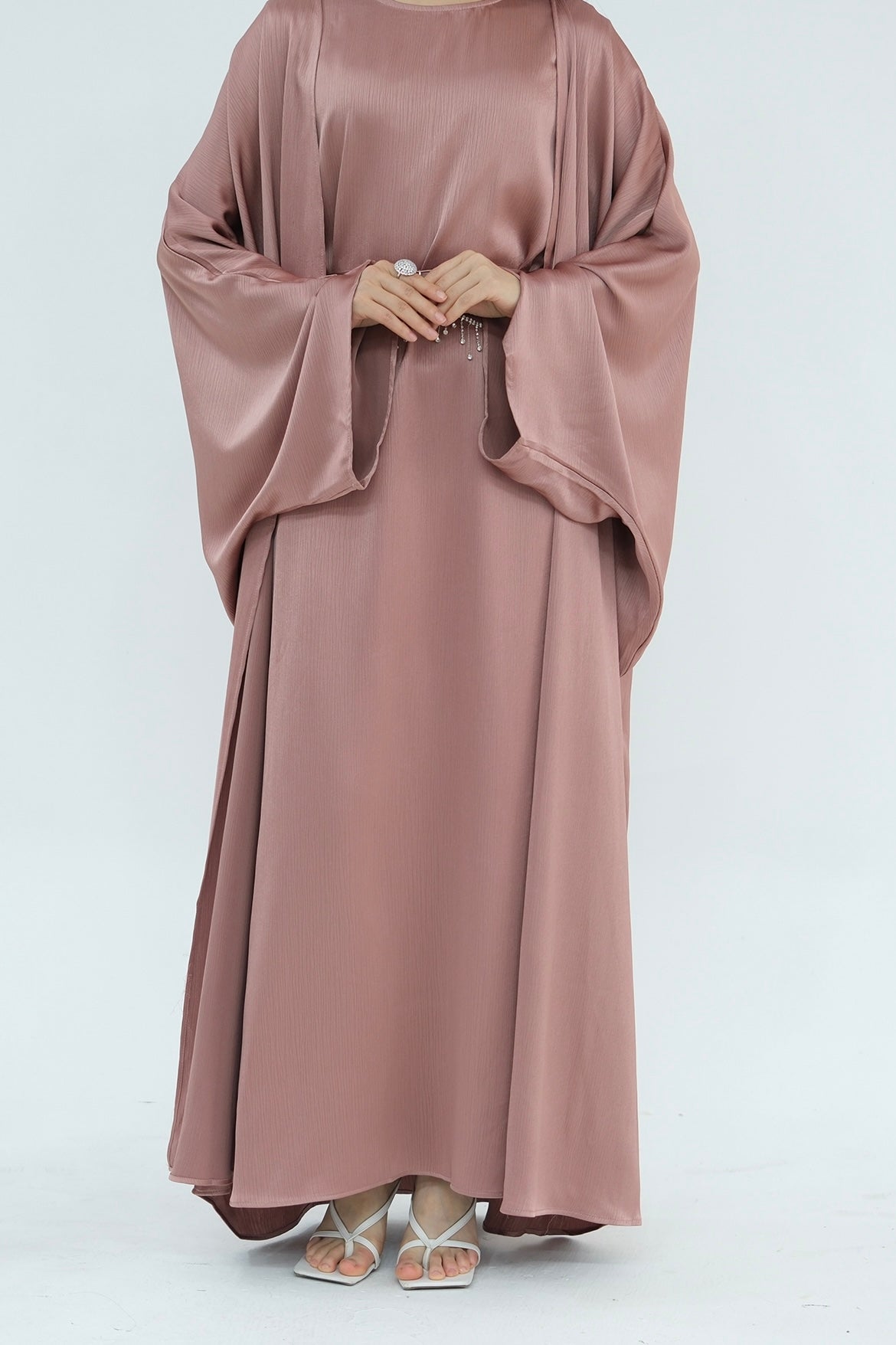 Jalilah 2PCS Modest Abaya Set with Crystal Chain 806 - Pink